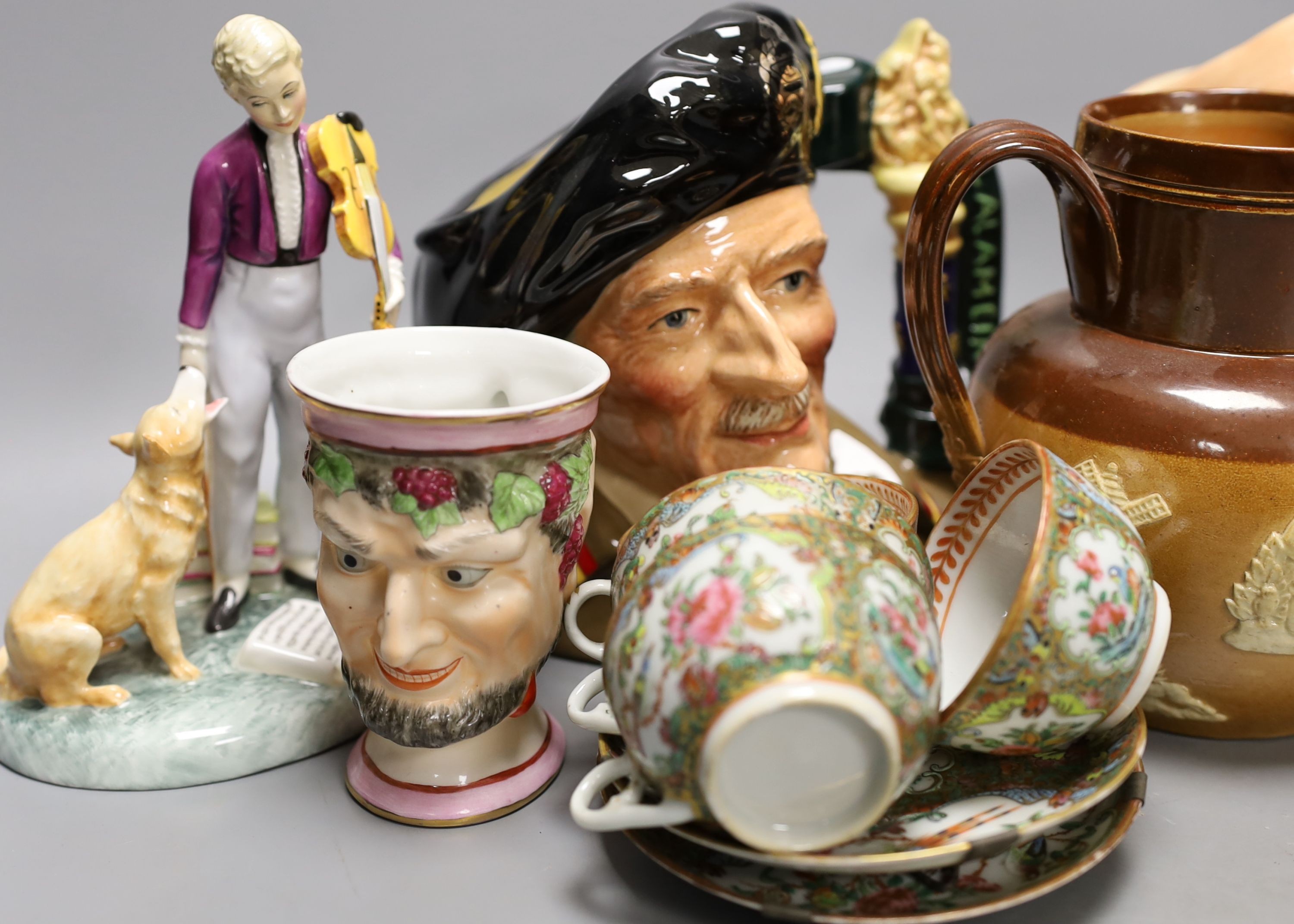 Three Royal Doulton jugs, Road Doulton figure the young master HN2872 and two other jugs and Chinese famille rose tea wares